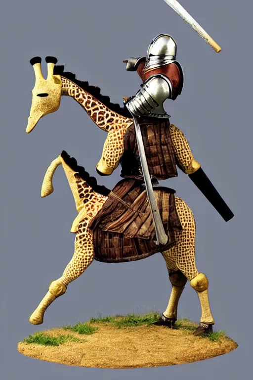 Prompt: a medieval knight in armor riding a giraffe