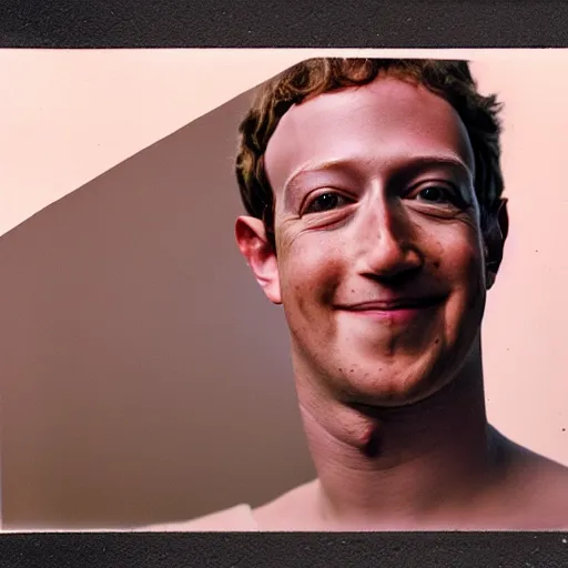 Prompt: mark zuckerberg pealing off his skin with him own hands to reveal the horrid thing underneath, polaroid photo