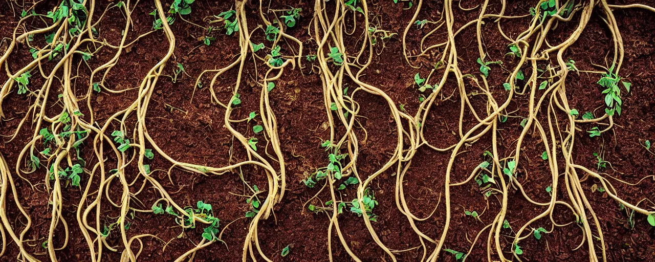 Prompt: roots made of spaghetti buds, growing out of the dirt, kodachrome, in the style of wes anderson, retro