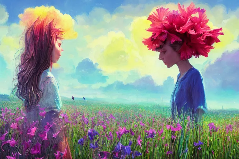 Image similar to giant gladiola head, girl walking in field of flowers, surreal photography, sunrise, blue sky, dramatic light, impressionist painting, digital painting, artstation, simon stalenhag