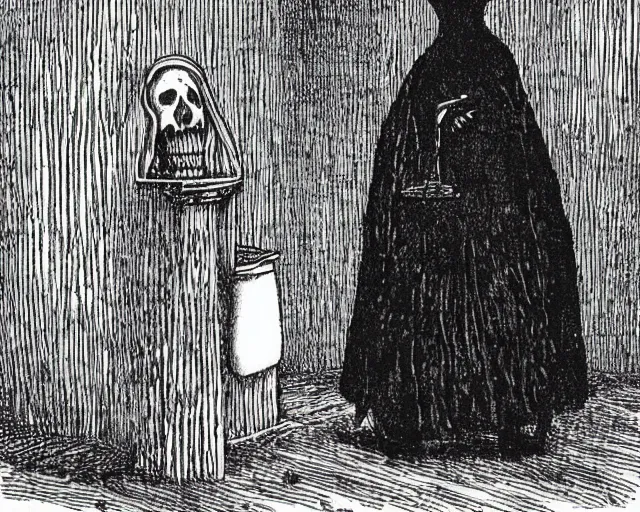 Image similar to dark mage stands before the keep of poisoned tears by edward gorey,