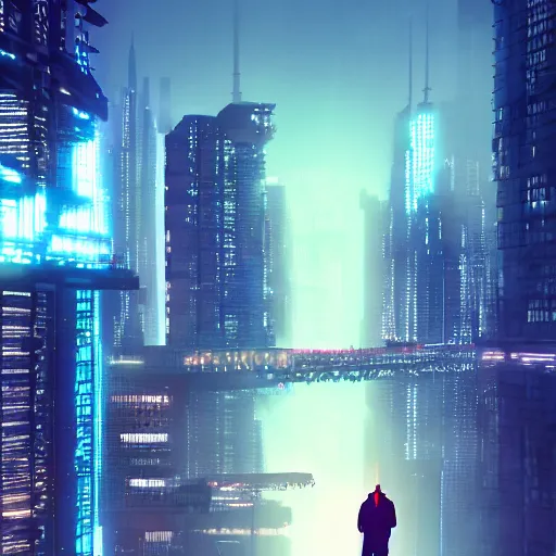 Image similar to a man standing on top of a bridge over a city, cyberpunk art by vincent lefevre, behance contest winner, altermodern, cityscape, synthwave, matte painting, - w 7 6 8