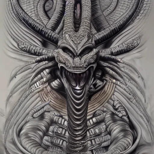 Image similar to naga serpent god, giger airbrush painting, highly detailed, intricate, beautiful craftsmanship,