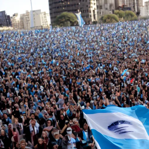 Image similar to Lady Gaga as president, Argentina presidential rally, Argentine flags behind, bokeh, giving a speech, detailed face, Argentina