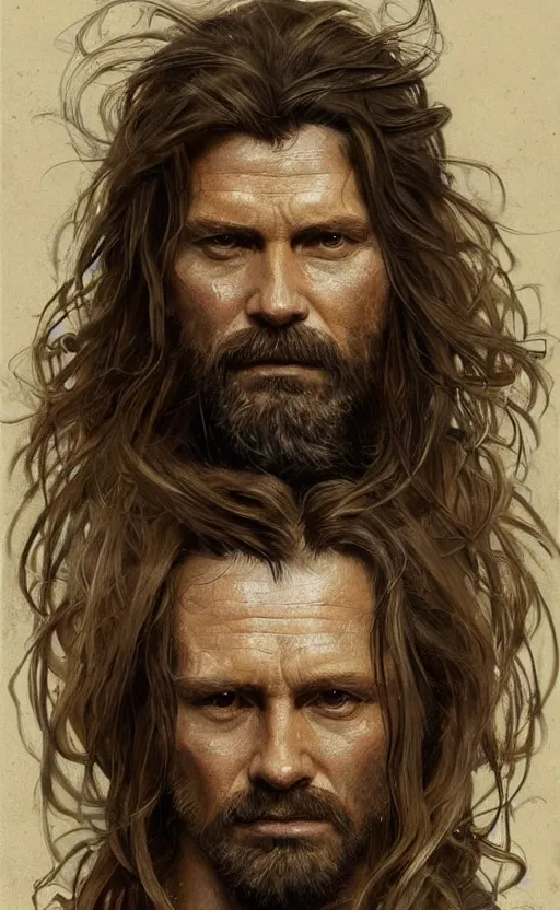 Prompt: portrait of the god of the forest, 40 years old, long hair, rugged, male, gorgeous, detailed face, amazing, exposed thighs!!!!!!, muscular, intricate, highly detailed, digital painting, artstation, concept art, sharp focus, illustration, art by greg rutkowski and alphonse mucha