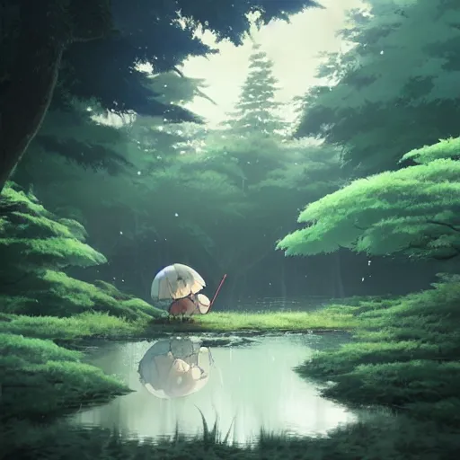 Prompt: totoro fishing in the forest with the reflection of the moon., by makoto shinkai, greg rutkowski, artstation, high detailed, cgsociety,