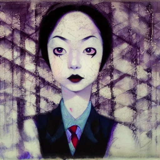 Image similar to yoshitaka amano blurred and dreamy realistic three quarter angle portrait of a young woman with black lipstick and black eyes wearing dress suit with tie, junji ito abstract patterns in the background, satoshi kon anime, noisy film grain effect, highly detailed, renaissance oil painting, weird portrait angle, blurred lost edges