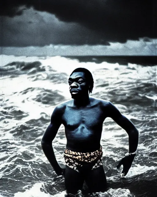 Prompt: Fela Kuti wading in a deep ocean waves, under a stormy sky, c1976, photography by Annie Liebowitz