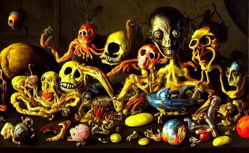 Image similar to disturbing colorful oil painting dutch golden age vanitas still life with bizarre mutant humanoid faces strange objects shiny gooey surfaces shiny metal bizarre insects rachel ruysch dali todd schorr very detailed perfect composition rule of thirds masterpiece canon 5 0 mm, cinematic lighting, chiaroscuro