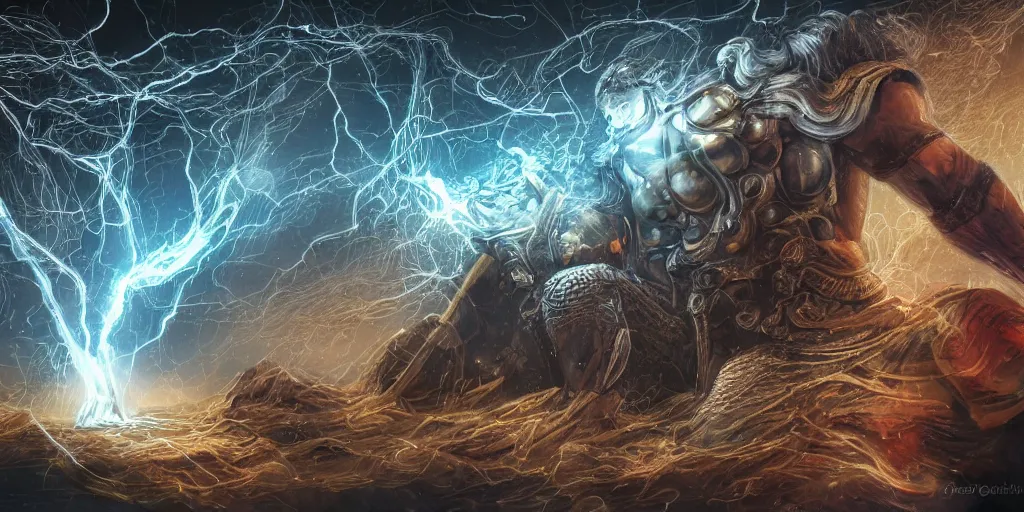 Prompt: mythological Thor god of thunder and artificial intelligence creating the first artificial neural network with synapses on an anvil, high resolution, award winning art, trending on art station, sharp image, incredibly detailed,