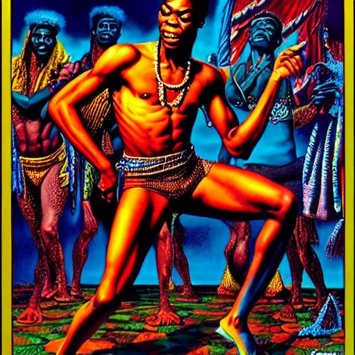 Image similar to fela kuti by clyde caldwell, very detailed, low contrast dramatic colors, 4 k