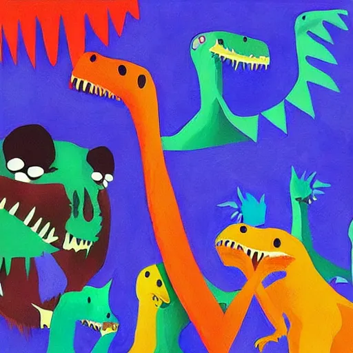 Image similar to “dinosaur singing karaoke detailed trex happy concert minimalism Edward Cooper Matisse digital art oil painting”