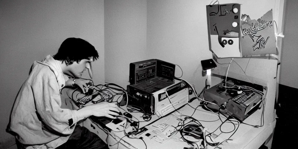 Prompt: boy from the eighties hacking a nintendo