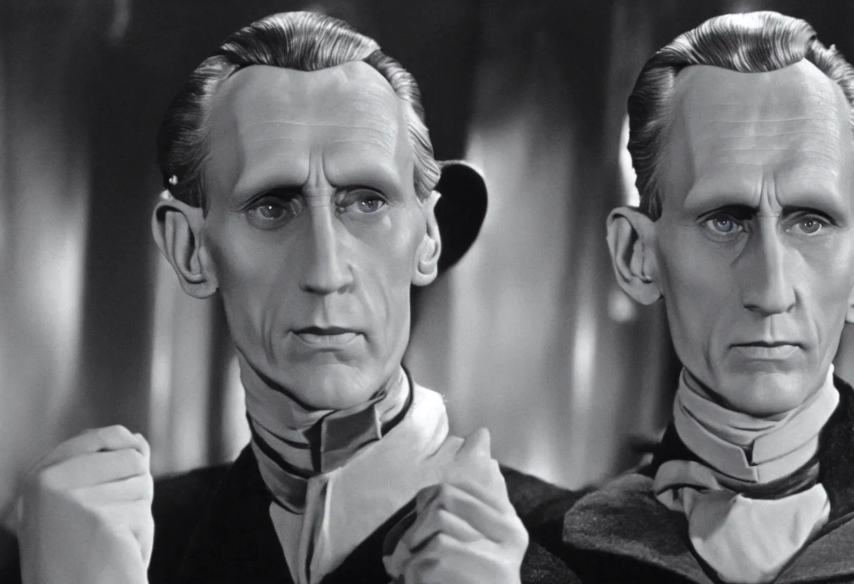 Image similar to still from the Disney plus show Tarkin! based around governor Tarkin’s pre-Empire life as a fading theatre star on Alderraan’s Broadway in the 1960s