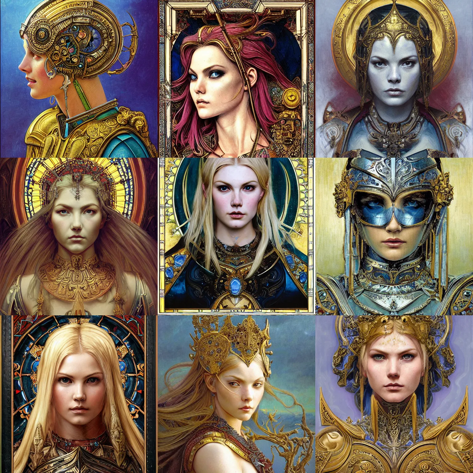 Prompt: masterpiece head-on symmetrical centered painted portrait, Elisha Cuthbert as a warrior paladin, blonde hair, golden halo, ornate iron armour, ornate radiant stained glass style, elegant, distant, in the style of Edgar Maxence and Ross Tran and Zdzisław Beksiński and Michael Whelan and Anna Podedworna and gustav dore and H.R. Giger, 8k, octane render