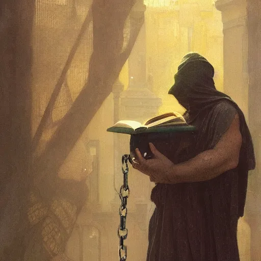 Prompt: half portait of magican wearing a closed cowl holding a big old book! chained!!! to his wrist, jeremy mann, jean leon gerome, alphonse mucha, greg rutkowski, hood covers his eyes, ( ( ruins of ancient rome ) ), at dusk, mysterious atmosphere, sunrays, dof, masterpiece, high detailed, 8 k