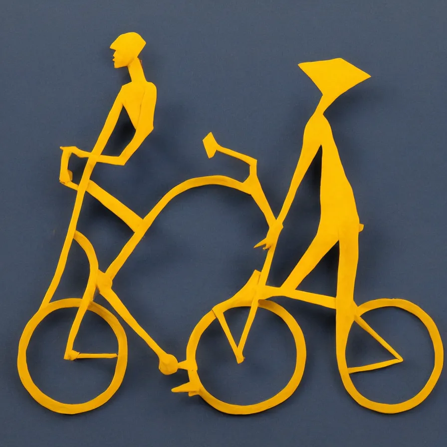 Prompt: clay sculpture of a silhouette of a fast cyclist in a minimalist collage of geometric shapes, tetrachromacy, primary colors, in the style of ikko tanaka, japanese graphic design, 1 9 9 0