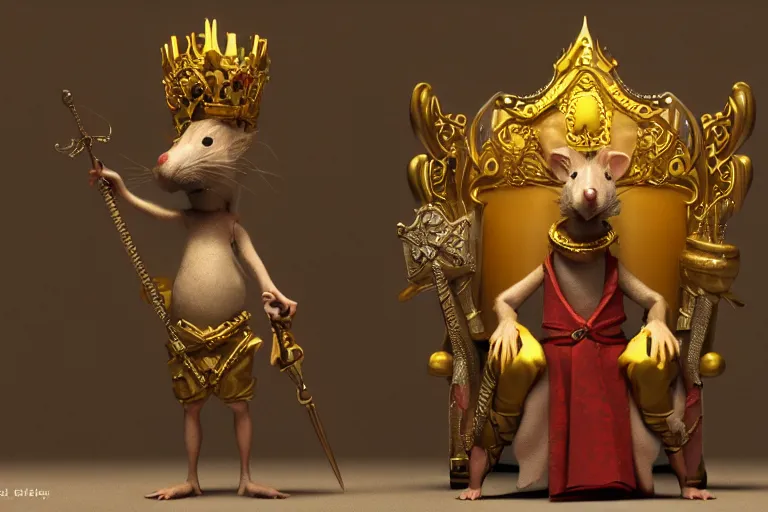 Image similar to 3 d render of a rat character who is a king, wearing golden crown, siiting on the throne highly detailed octane render, artstation, surrealism, pixar