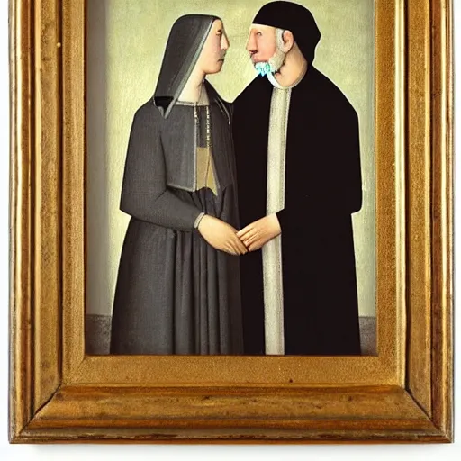 Prompt: a 3 / 4 portrait of an older nice jewish couple from 1 5 0 0 s, by grant wood