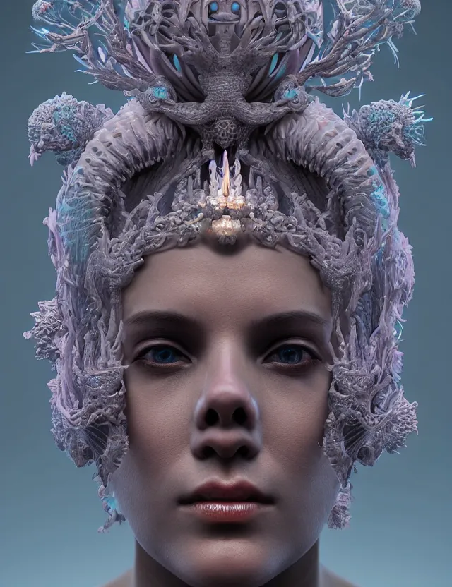 Image similar to symmetrical, centered, zbrush sculpt of goddess close-up portrait wigh crown made of skulls. phoenix betta fish, phoenix, bioluminiscent creature, super intricate ornaments artwork by Tooth Wu and wlop and beeple and greg rutkowski