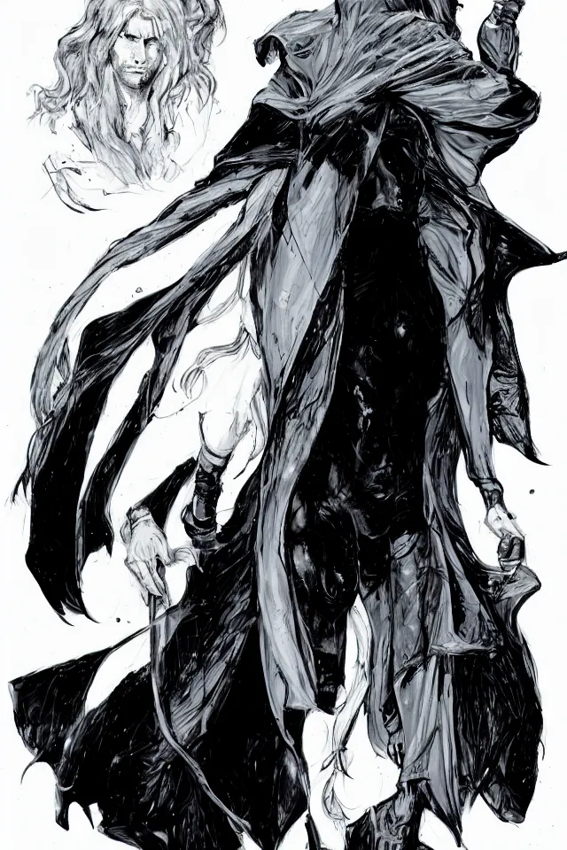Image similar to a pale long-haired white man in a black latex acronym cape, in the style of moebius and ashley wood, character design, concept art