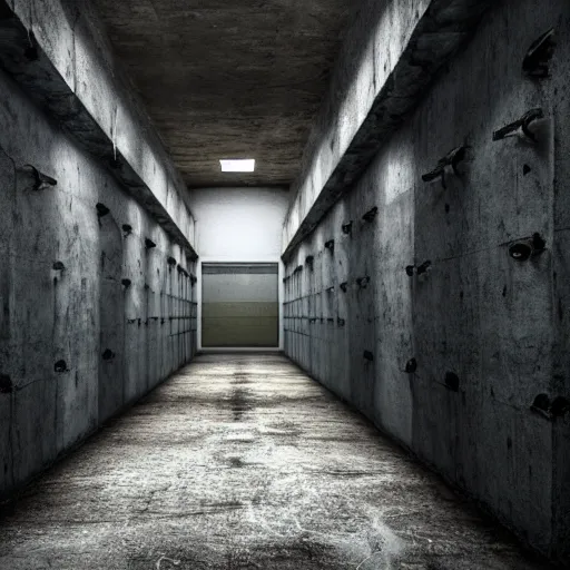 Image similar to scary concrete prison cell, 4K, dark, horror, wet, moldy, futuristic,