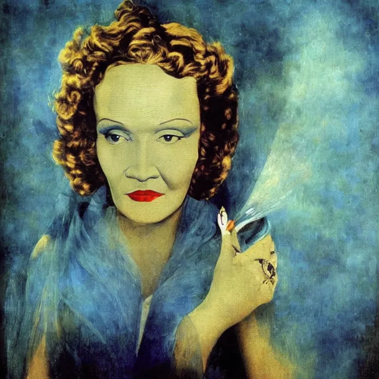 Prompt: A painting of Marlene Dietrich. By l Greco, Remedios Varo, Salvador Dali, Carl Gustav Carus, John Atkinson Grimshaw. Blue tint.