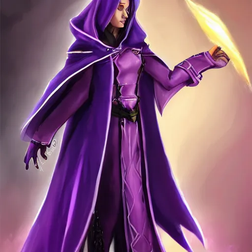 Image similar to female warlock long hood cloak purple, fighting monster with magic, 8 k, trending on artstation by tooth wu