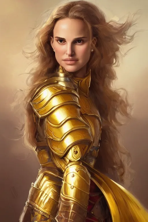 Prompt: portrait of a young natalie portman knight with blond hair wearing a golden armor with a sun symbol, fantasy, highly detailed, digital painting, artstation, concept art, illustration, art by Bayard Wu and Marc Simonetti