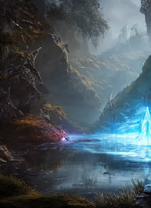 Prompt: river, ultra detailed fantasy, elden ring, realistic, dnd, rpg, lotr game design fanart by concept art, behance hd, artstation, deviantart, global illumination radiating a glowing aura global illumination ray tracing hdr render in unreal engine 5