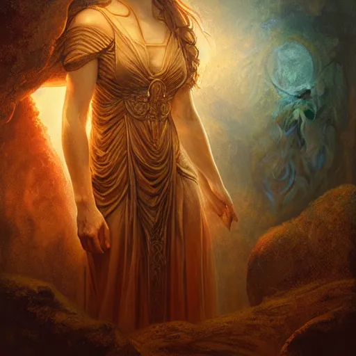 Prompt: majestic gracious goddess hekate portrait, ancient greece, elysium, atmospheric lighting, painted, intricate, volumetric lighting, beautiful, rich deep colours masterpiece, golden hour, sharp focus, ultra detailed, by leesha hannigan, ross tran, thierry doizon, kai carpenter, ignacio fernandez rios