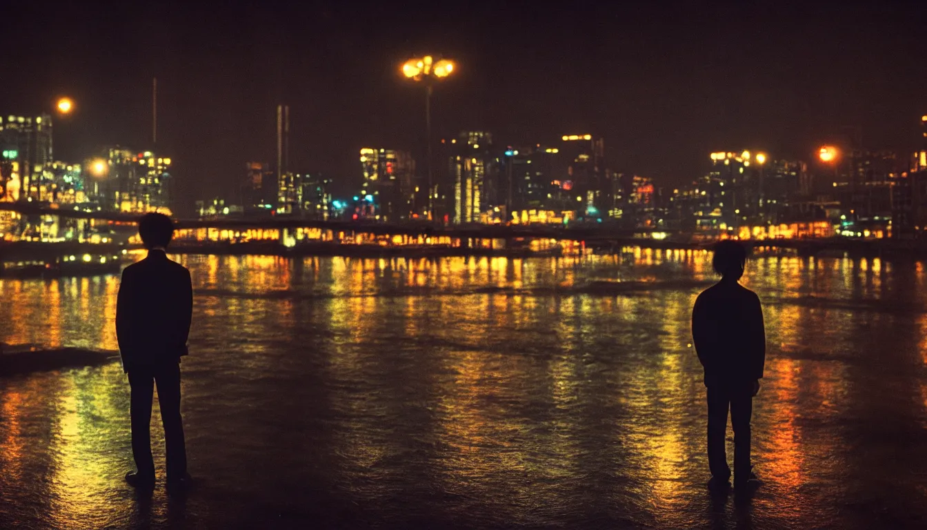 Prompt: 80s asian neon movie still with a lone man by the river at night with city lights behind his back. Fallen angels movie still. hyperrealistic, high definition, medium format photography, highly detailed, tehnicolor, anamorphic 50mm lens