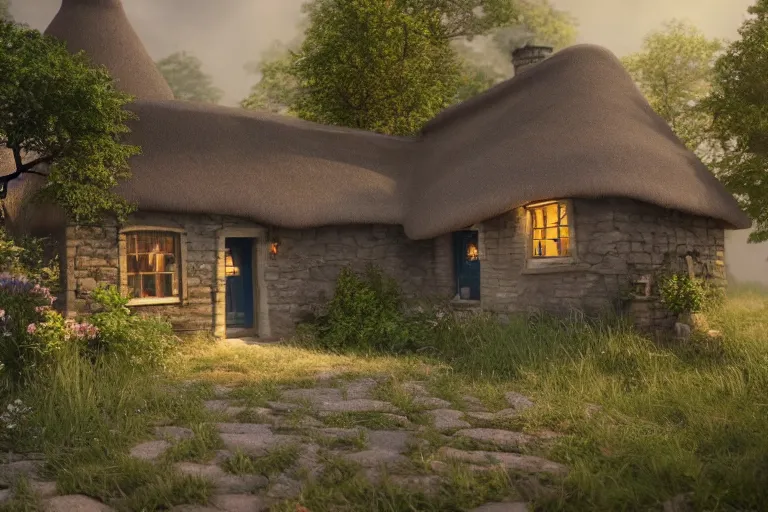 Prompt: a beautiful matte painting of a little cottage, trending on artstation, 1 2 k, ultra realistic, unreal engine, octane render