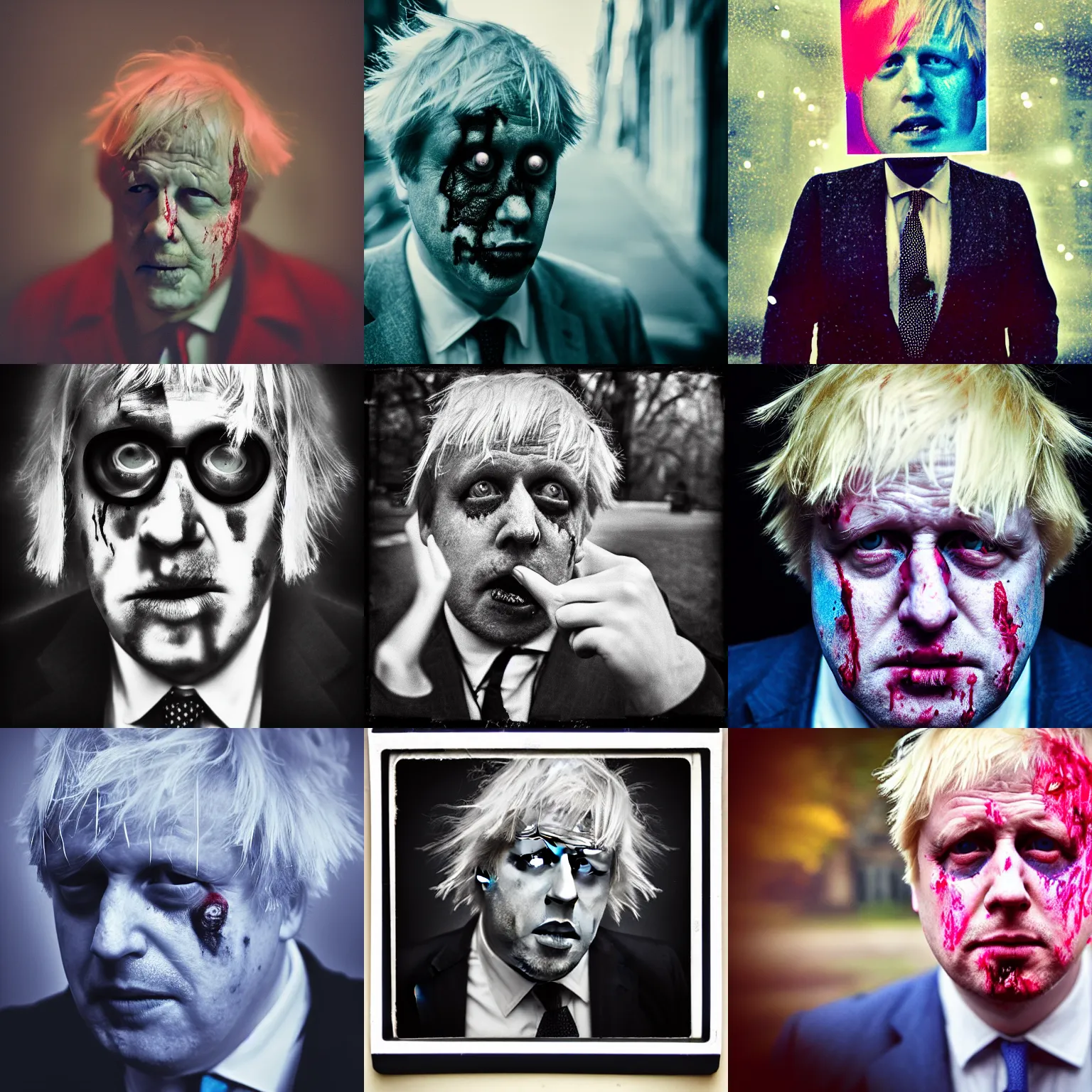 Prompt: Boris Johnson as a zombie, polaroid photograph, 4k, by Brandon Woelfel