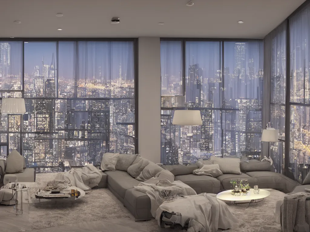 Image similar to a Photorealistic hyperrealistic interior night time render of a beautifully decorated modern apartment overlooking a megapolis,Nikon Z7, ISO 64,Nikkor 20mm f1.8 lens,aperture f/9,exposure 1/40secs