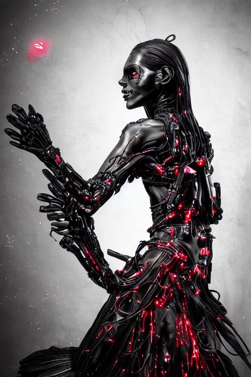 Prompt: full-body cyberpunk style sculpture of a young beautiful dark priestess, half android with a head opening exposing circuitry. glowing red eyes, black roses, flowing blood-red colored silk. fabric, candles. baroque elements, human skull. full-length view. baroque element. intricate artwork by caravaggio. crows flying in background. Trending on artstation, octane render, cinematic lighting from the right, hyper realism, octane render, 8k, depth of field, 3D