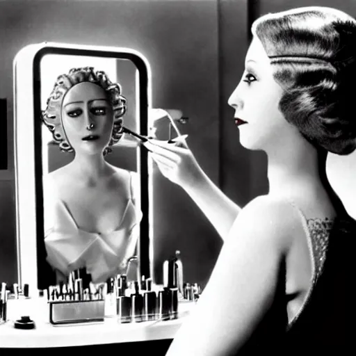 Prompt: maria the robot from the movie metropolis is putting on makeup as she looks at herself in a vanity mirror 8 k