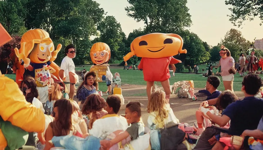 Image similar to 1990s candid photo of a beautiful day at the park, cinematic lighting, cinematic look, golden hour, costumed packaged food mascot people in the background, Enormous personified packaged food people with happy faces and hands talking to families, UHD