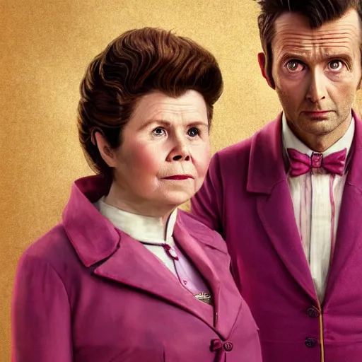 Image similar to david tennant and imelda staunton as dolores umbridge in pink clothes with the tenth doctor who, highly detailed, artstation, concept art, smooth, sharp focus, illustration, perfect face, art by willem claesz. heda, nikolay makovsky, jacek malczewski, arthur hughes, edward okun