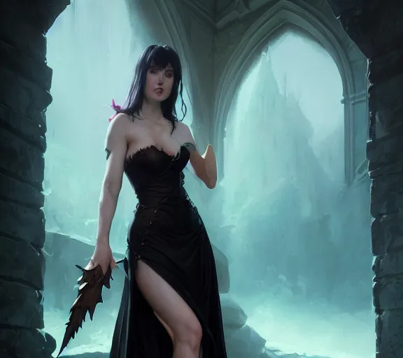 Image similar to morrigan aenslandcasting magic, a charming succubus, strapless dress, fantasy, d & d, by greg rutkowski and raymond swanland, sharp focus, trending on artstation, 8 k realistic digital art, cryengine, symmetric, sharp focus, concept art, frostbite 3 engine