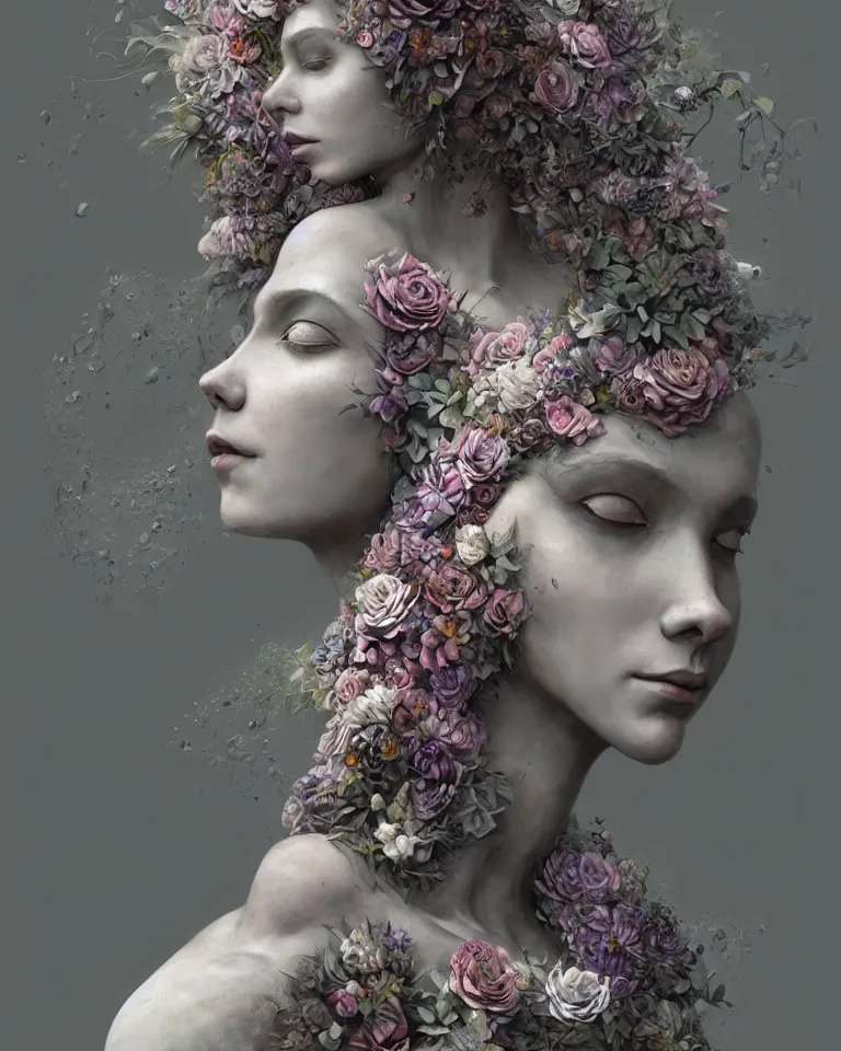 Image similar to front view of an beautiful ethereal female made of concrete and flowers turning into mist, Andrew Ferez, Charlie Bowater, Marco Mazzoni, Seb McKinnon, Ryohei Hase, trending on cgsociety, featured on zbrush central, new sculpture, mystical