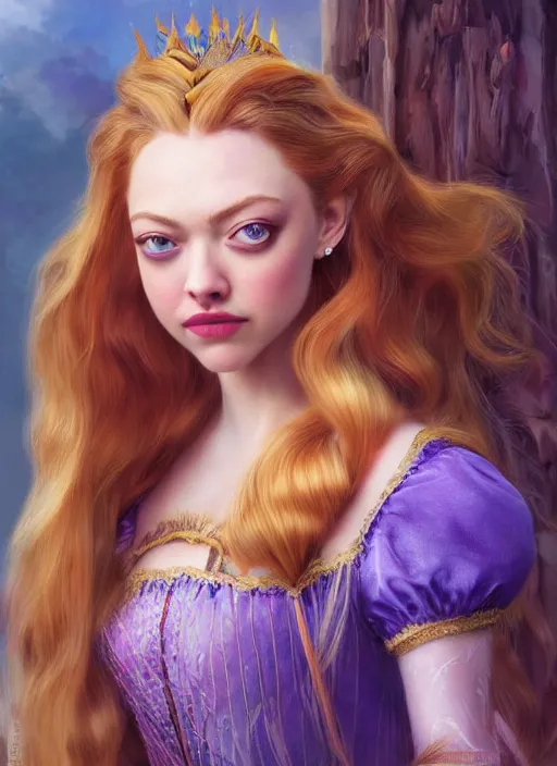 Prompt: a beautiful amanda seyfried as the rapunzel princess, 8 k, sensual, hyperrealistic, hyperdetailed, beautiful face, long ginger hair windy, dark fantasy, fantasy portrait by laura sava