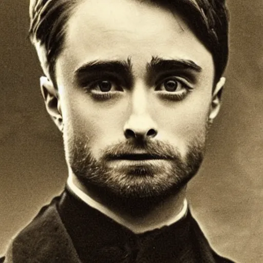 Image similar to photograph of daniel radcliffe, male, 1 9 0 0 s, 1 9 1 0 s, grainy, slightly blurry, faded, realistic face