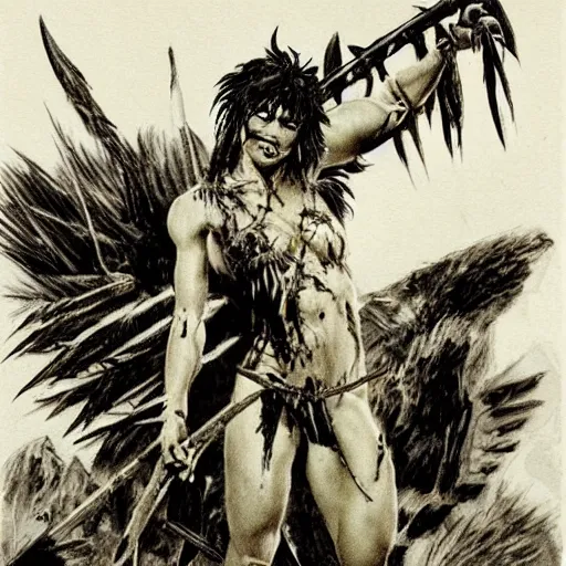 Image similar to Muscular savage warrior girl, wearing barbarian caveman pelt, cavewoman, wild spiky black hair, electrified hair, tiger pelt, holding scimitar made of bone, battle-scarred, scars of battle, bloody, primeval fantasy, electricity, electrical aura, palm trees, pulp art, illustration, Frank Frazetta