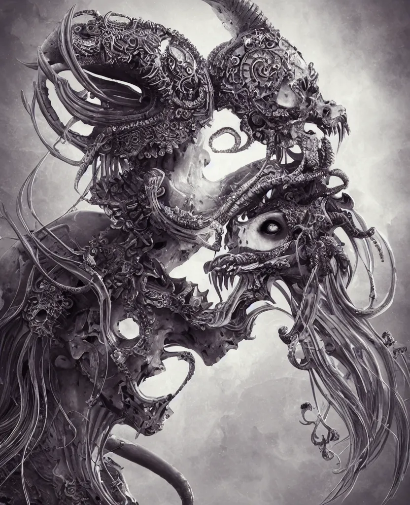 Image similar to close-up macro portrait of the face of a beautiful princess with ram animal skull mask, epic angle and pose, ribcage skeleton symmetrical artwork, 3d with depth of field, blurred background, cybernetic jellyfish female face phoenix bird, translucent, nautilus, energy flows of water and fire. a highly detailed epic cinematic concept art CG render. made in Maya, Blender and Photoshop, octane render, excellent composition, cinematic dystopian brutalist atmosphere, dynamic dramatic cinematic lighting, aesthetic, very inspirational, arthouse. y Greg Rutkowski, Ilya Kuvshinov, WLOP, Stanley Artgerm Lau, Ruan Jia and Fenghua Zhong