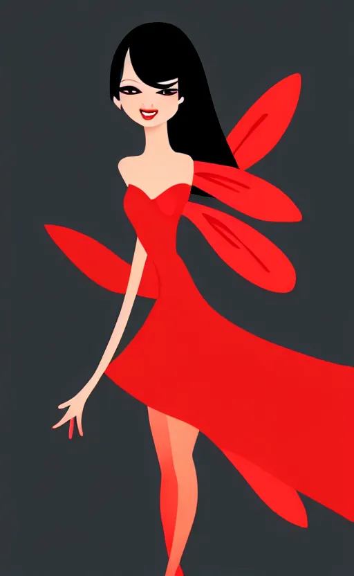 Image similar to fairy with a detailed face and black hair in a red outfit, full body, trending, vector art, illustration,