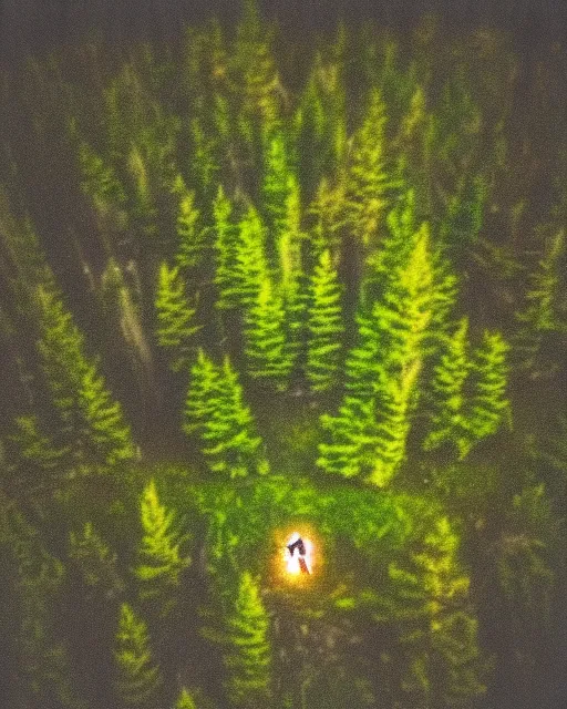 Image similar to werewolf in forest at night, shot from drone, grainy, polaroid