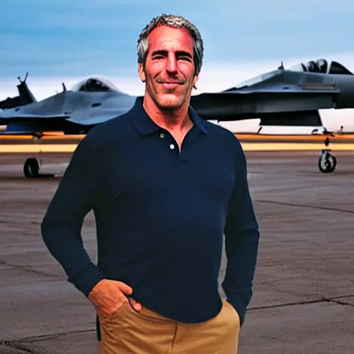 Prompt: happy jeffrey epstein, wearing a dark blue polo shirt, standing near fighter jet on an empty runway at dusk, high detail, volumetric lights, professional high quality studio photo from vogue magazine