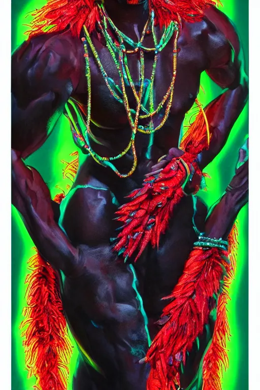 Prompt: detailed full body concept illustration of an African male with body augmentations, strong neon lighting, Afrofuturism, extravagant feathered collar, by glenn fabry, hyper realistic, HD, oil on canvas