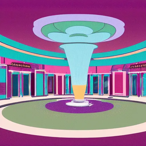 Image similar to art deco illustration of a mall atrium with a fountain in the center, in pastel colors